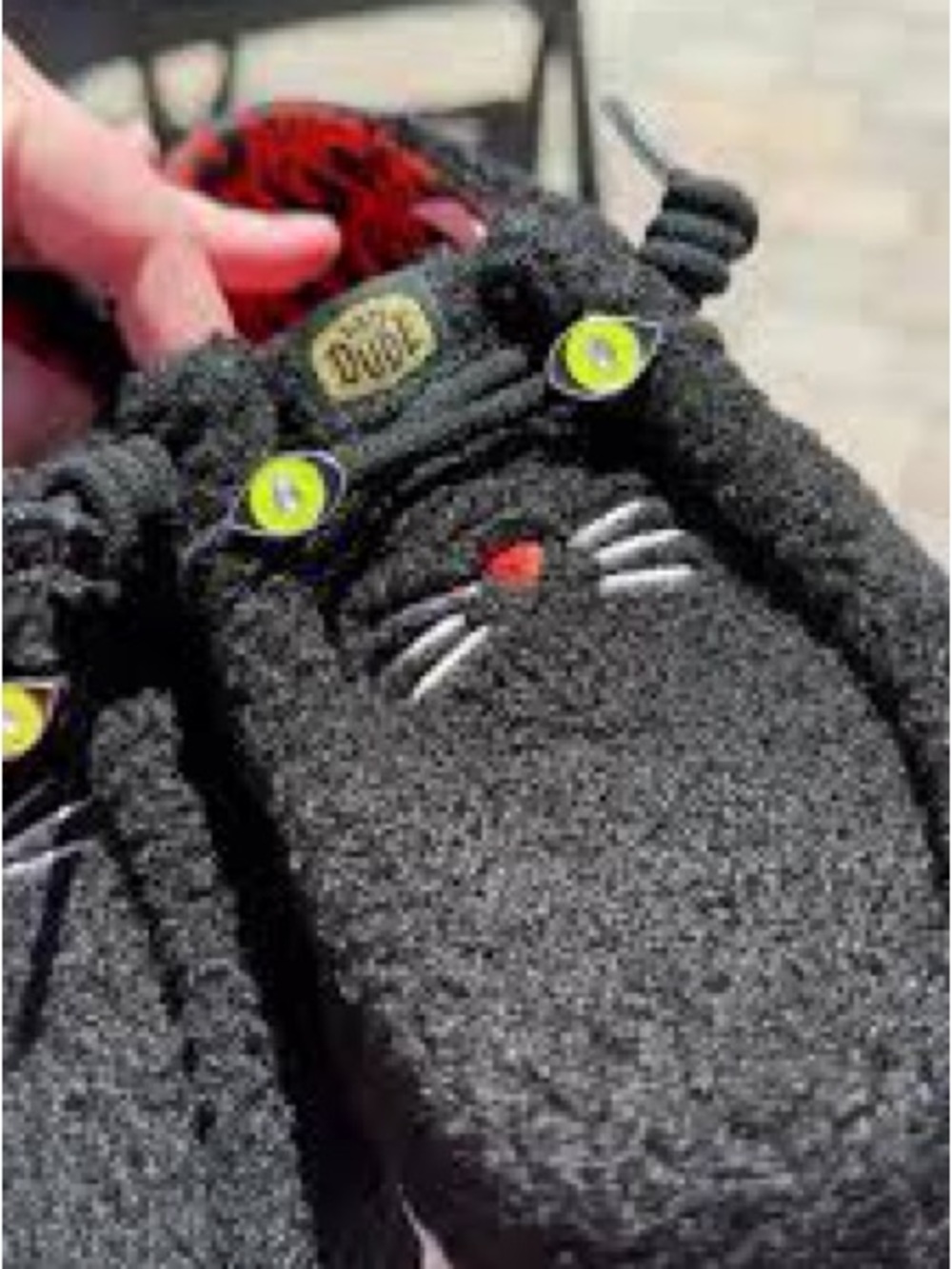 Hey Dude Black Cat Plush Pet Slippers with Green Eye Accents